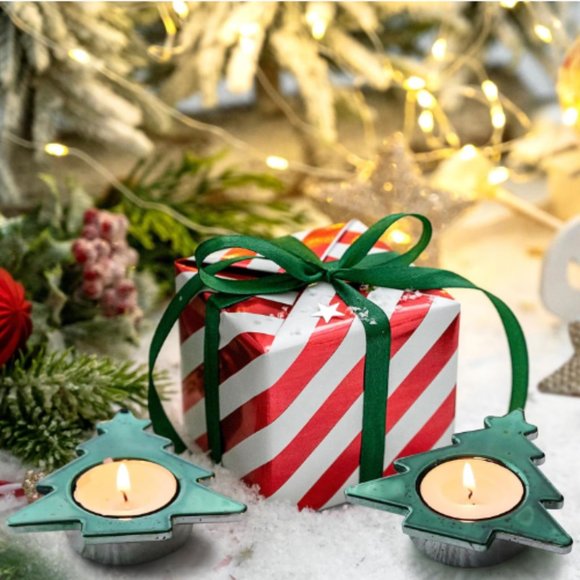 Set of 6 - Green Pine Tree - Mercury Glass Tealight Candle Holders - Picture 6 of 10